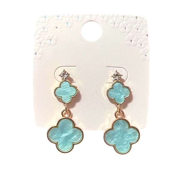 Designer Inspired Double Blue Clover Gold Tone Dangle Earrings - Picture 4 of 4